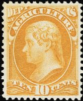 Scott O5<br />10c AGRICULTURE - Thomas Jefferson - Yellow<br />Pane Single<br /><span class=quot;smallerquot;>(reference or stock image)</span>