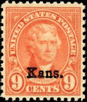 Scott 667<br />9c Thomas Jefferson; Kansas Overprint<br />Pane Single<br /><span class=quot;smallerquot;>(reference or stock image)</span>
