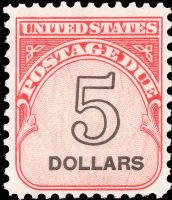 Scott J101<br />$5.00 Number 1 & Dollar - Denomination Outlined in Black - Carmine-rose<br />Shiny Gum; Pane Single<br /><span class=quot;smallerquot;>(reference or stock image)</span>
