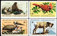 Scott 1464-1467; 1467a<br />8c Wildlife Conservation<br />Pane Block of 4 #1464-1467 (4 designs)<br /><span class=quot;smallerquot;>(reference or stock image)</span>