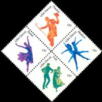 Scott 1749-1752; 1752a<br />13c American Dance<br />Pane Block of 4 #1752a (4 designs)<br /><span class=quot;smallerquot;>(reference or stock image)</span>