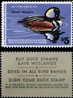 Scott RW45<br />$5.00 Hooded Merganser Drake - Issued 1978<br />Pane Single<br /><span class=quot;smallerquot;>(reference or stock image)</span>