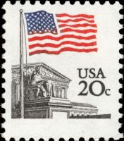 Scott 1894<br />20c Flag over Supreme Court<br />Perf 11 x 11; Small Block Tag; Pane Single<br /><span class=quot;smallerquot;>(reference or stock image)</span>
