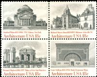 Scott 1928-1931; 1931a<br />18c American Architecture<br />Pane Block of 4 #1928-1931 (4 designs)<br /><span class=quot;smallerquot;>(reference or stock image)</span>