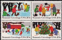 Scott 2027-2030; 2030a<br />20c Seasons Greetings: Winter Scenes<br />Pane Block of 4 #2027-2030 (4 designs)<br /><span class=quot;smallerquot;>(reference or stock image)</span>