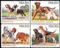 Scott 2098-2101; 2101a<br />20c Dogs<br />Pane Block of 4 #2098-2101a<br /><span class=quot;smallerquot;>(reference or stock image)</span>