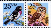 Scott 2284-2285; 2285d<br />25c Owl and Grosbeak (VB)<br />Booklet Pane Pair #2284-2285 (2 designs)<br /><span class=quot;smallerquot;>(reference or stock image)</span>