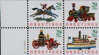Scott 2715-2718; 2718a<br />29c Greetings - Toys (VB)<br />See <a href=quot;https://www.bardostamps.com/back-of-book-united-states-stamps/1950/scott-catalog-BK203quot;>BK203</a><br />Booklet Pane of 4 #2715-2718a (4 designs)<br /><span class=quot;smallerquot;>(reference or stock image)</span>