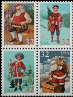 Scott 3004-3007; 3007a<br />32c Santa and Children (Pane / VB)<br />Pane Block of 4 #3004-3007 (4 designs)<br /><span class=quot;smallerquot;>(reference or stock image)</span>