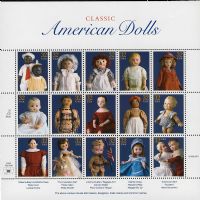 Scott 3151<br />32c American Dolls<br />Also processed for MDI Booklet <a href=quot;https://www.bardostamps.com/back-of-book-united-states-stamps/1990/scott-catalog-BK266quot;>BK266</a><br />Pane of 15 #3151a-3151o (15 designs)<br /><span class=quot;smallerquot;>(reference or stock image)</span>