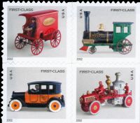 Scott 3626-3629; 3629a<br />(37c) Rate Change - First Class Toys (VB / CB)<br />Booklet Block of 4 #3626-3629 (4 designs)<br /><span class=quot;smallerquot;>(reference or stock image)</span>