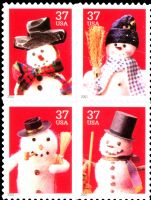 Scott 3676-3679; 3679a<br />37c Snowmen<br />Pane Block of 4 #3676-3679 (4 designs)<br /><span class=quot;smallerquot;>(reference or stock image)</span>