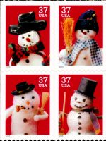 Scott 3684-3687; 3687a<br />37c Snowmen (DSB)<br />Double-Sided Booklet Block of 4 #3684-3687 (4 designs)<br /><span class=quot;smallerquot;>(reference or stock image)</span>