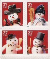 Scott 3688-3691; 3691a<br />37c Snowmen (VB)<br />Booklet Block of 4 #3688-3691 (4 designs)<br /><span class=quot;smallerquot;>(reference or stock image)</span>