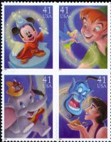 Scott 4192-4195; 4195a<br />41c Art of Disney - Magic<br />Pane Block of 4 #4195a (4 designs)<br /><span class=quot;smallerquot;>(reference or stock image)</span>