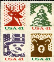 Scott 4211-4214<br />41c Holiday Knits (VB)<br />(From in <a href=quot;https://www.bardostamps.com/back-of-book-united-states-stamps/1990/scott-catalog-BK305quot;>BK305 </a><br />Booklet Block of 4 #4214a (4 designs)<br /><span class=quot;smallerquot;>(reference or stock image)</span>
