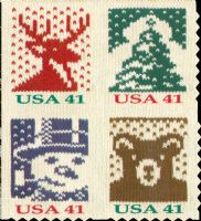 Scott 4215-4218<br />41c Holiday Knits (ATM)<br />Automated Teller Machine Block of 4 #4218a (4 designs)<br /><span class=quot;smallerquot;>(reference or stock image)</span>