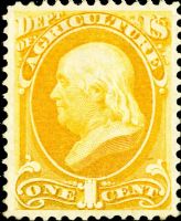 Scott O1<br />1c AGRICULTURE - Benjamin Franklin - Yellow<br />Pane Single<br /><span class=quot;smallerquot;>(reference or stock image)</span>