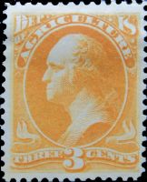 Scott O3<br />3c AGRICULTURE - George Washington - Yellow<br />Pane Single<br /><span class=quot;smallerquot;>(reference or stock image)</span>