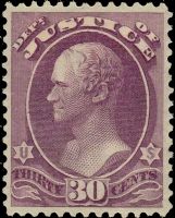 Scott O33<br />30c JUSTICE - Alexander Hamilton - Purple<br />Pane Single<br /><span class=quot;smallerquot;>(reference or stock image)</span>