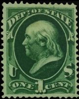 Scott O57<br />1c STATE - Benjamin Franklin - Dark-green<br />Pane Single<br /><span class=quot;smallerquot;>(reference or stock image)</span>