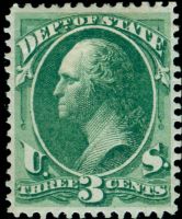 Scott O59<br />3c STATE - George Washington - Dark-green<br />Pane Single<br /><span class=quot;smallerquot;>(reference or stock image)</span>