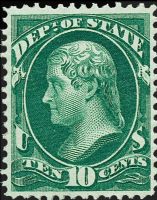 Scott O62<br />10c STATE - Thomas Jefferson - Dark-green<br />Pane Single<br /><span class=quot;smallerquot;>(reference or stock image)</span>
