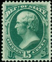 Scott O64<br />15c STATE - Daniel Webster - Dark-green<br />Pane Single<br /><span class=quot;smallerquot;>(reference or stock image)</span>
