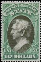 Scott O70<br />$10.00 STATE - William H. Steward - Dark-green<br />Pane Single<br /><span class=quot;smallerquot;>(reference or stock image)</span>