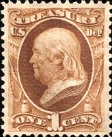 Scott O72<br />1c TREASURY - Benjamin Franklin - Brown<br />Pane Single<br /><span class=quot;smallerquot;>(reference or stock image)</span>