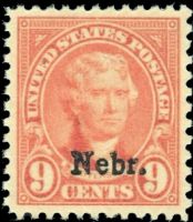 Scott 678<br />9c Thomas Jefferson; Nebraska Overprint<br />Pane Single<br /><span class=quot;smallerquot;>(reference or stock image)</span>
