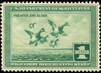Scott RW4<br />$1.00 Scaup Ducks Taking to Flight - Issued 1937<br />Pane Single<br /><span class=quot;smallerquot;>(reference or stock image)</span>