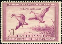 Scott RW5<br />$1.00 Pintail Drake & Hen Alighting - Issued 1938<br />Pane Single<br /><span class=quot;smallerquot;>(reference or stock image)</span>