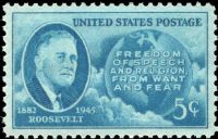 Scott 933<br />5c Four Freedoms - Franklin D. Roosevelt Memorial (1946)<br />Pane Single<br /><span class=quot;smallerquot;>(reference or stock image)</span>
