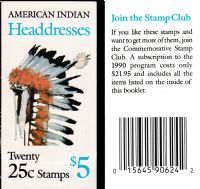 Scott BK179<br />$5.00 | 25c Indian Headdresses<br />Booklet<br /><span class=quot;smallerquot;>(reference or stock image)</span>