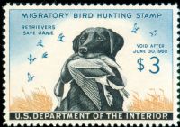 Scott RW26<br />$3.00 Labrador Retriever Carrying Mallard Drake - Issued 1959<br />Pane Single<br /><span class=quot;smallerquot;>(reference or stock image)</span>