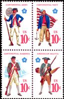 Scott 1565-1568; 1568a<br />10c Revolutionary Military Uniforms<br />Pane Block of 4 #1565-1568 (4 designs)<br /><span class=quot;smallerquot;>(reference or stock image)</span>