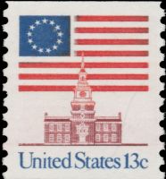 Scott 1625<br />13c 13-Star Flag over Independence Halll<br />Coil Single; Shiny Gum; Large Block Tag<br /><span class=quot;smallerquot;>(reference or stock image)</span>
