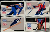 Scott 1795A-1798A; 1798Ac<br />15c XIII Olympic Winter Games: 1980<br />Pane Block of 4 #1795A-1798A (4 designs)<br /><span class=quot;smallerquot;>(reference or stock image)</span>