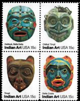 Scott 1834-1837; 1837a<br />15c Indian Masks<br />Pane Block of 4 #1834-1837 (4 designs)<br /><span class=quot;smallerquot;>(reference or stock image)</span>