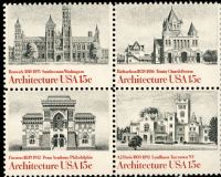 Scott 1838-1841; 1841a<br />15c American Architecture<br />Pane Block of 4 #1838-1841 (4 designs)<br /><span class=quot;smallerquot;>(reference or stock image)</span>