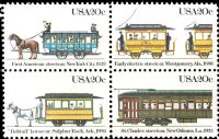Scott 2059-2062; 2062a<br />20c Streetcars<br />Pane Block of 4 #2059-2062 (4 designs)<br /><span class=quot;smallerquot;>(reference or stock image)</span>