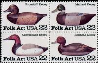 Scott 2138-2141; 2141a<br />22c Duck Decoys<br />Pane Block of 4 #2138-2141 (4 designs)<br /><span class=quot;smallerquot;>(reference or stock image)</span>