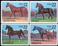 Scott 2155-2158<br />22c Horses<br />Pane Block of 4 #2158a (4 designs)<br /><span class=quot;smallerquot;>(reference or stock image)</span>