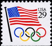 Scott 2528<br />29c Flag Over Olympic Rings<br />Booklet Pane Single; Mottled Tag<br /><span class=quot;smallerquot;>(reference or stock image)</span>