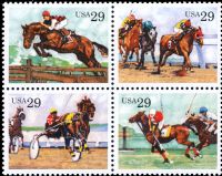 Scott 2756-2759; 2759a<br />29c Sporting Horses<br />Pane Block of 4 #2756-2759 (4 designs)<br /><span class=quot;smallerquot;>(reference or stock image)</span>