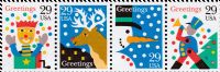 Scott 2791-2794; 2794a<br />29c Greetings - Jack in the Box / Reindeer / Snowman / Soldier<br />Pane Horizontal Strip of 4 (4 designs) #2791-2794<br /><span class=quot;smallerquot;>(reference or stock image)</span>
