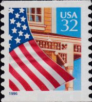 Scott 2915B<br />32c Flag over Porch - Blue 1997<br />Coil Single; Grainy Tag<br /><span class=quot;smallerquot;>(reference or stock image)</span>