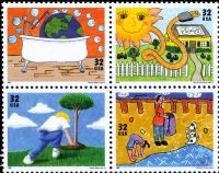 Scott 2951-2954; 2954a<br />32c Kids Care Earth Day<br />Pane Block of 4 #2951-2954 (4 designs)<br /><span class=quot;smallerquot;>(reference or stock image)</span>