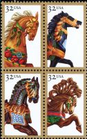 Scott 2976-2979; 2979a<br />32c Carousel Horses<br />Pane Block of 4 #2976-2979 (4 designs)<br /><span class=quot;smallerquot;>(reference or stock image)</span>